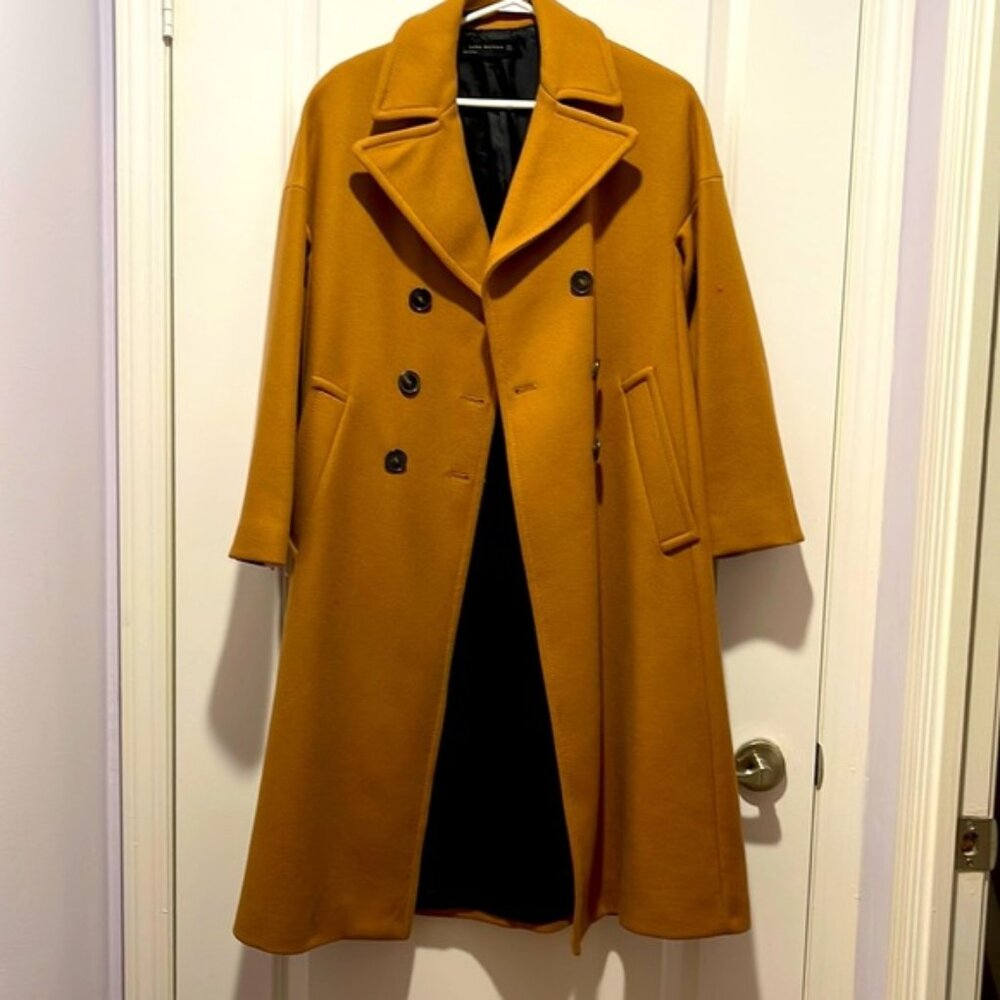 Zara Woman Double Breasted Notch Collar Lined Wool Blend Coat Carmel Tan Sz S